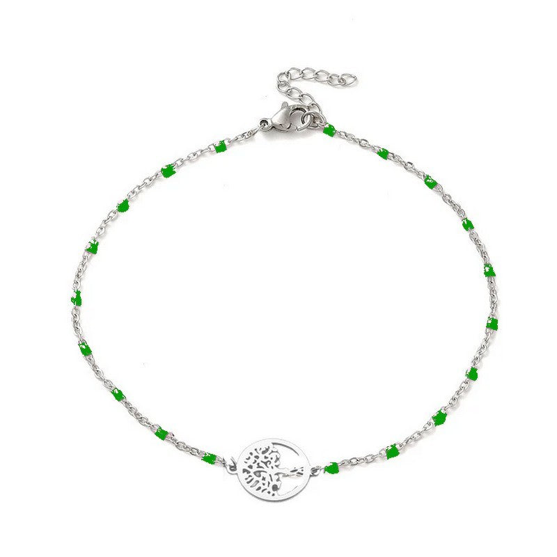 Chaîne de cheville acier inoxydable maille forçat vert arbre de vie
