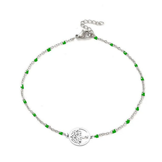 Chaîne de cheville acier inoxydable maille forçat vert arbre de vie
