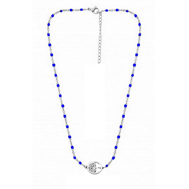 Chaîne collier acier inoxydable maille forçat bleu arbre de vie
