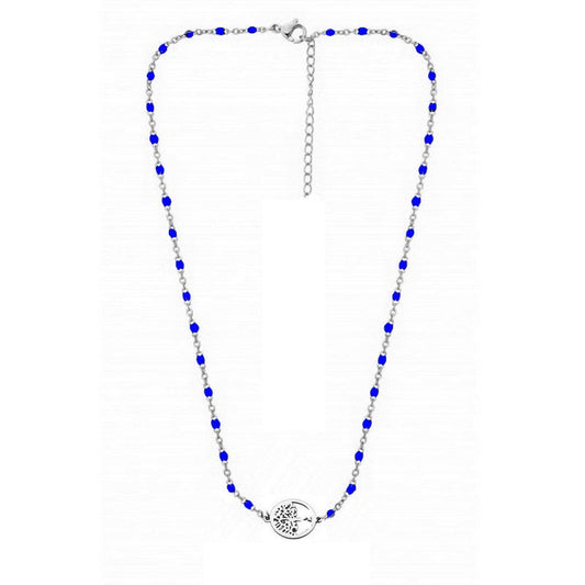 Chaîne collier acier inoxydable maille forçat bleu arbre de vie