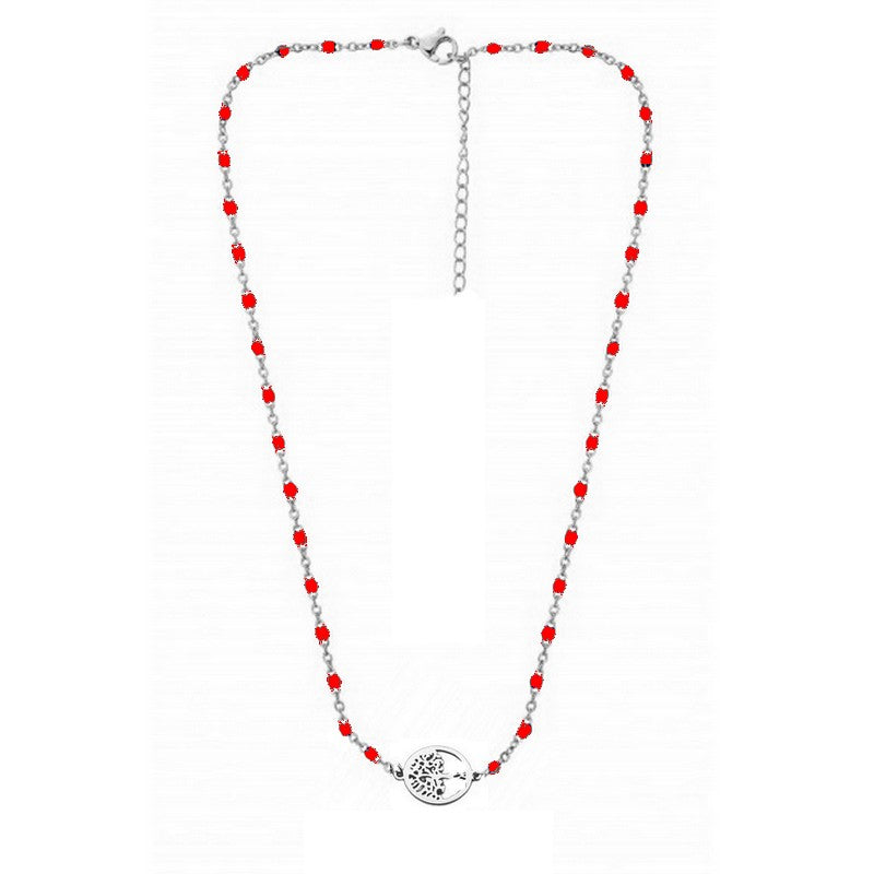 Chaîne collier acier inoxydable maille forçat rouge arbre de vie