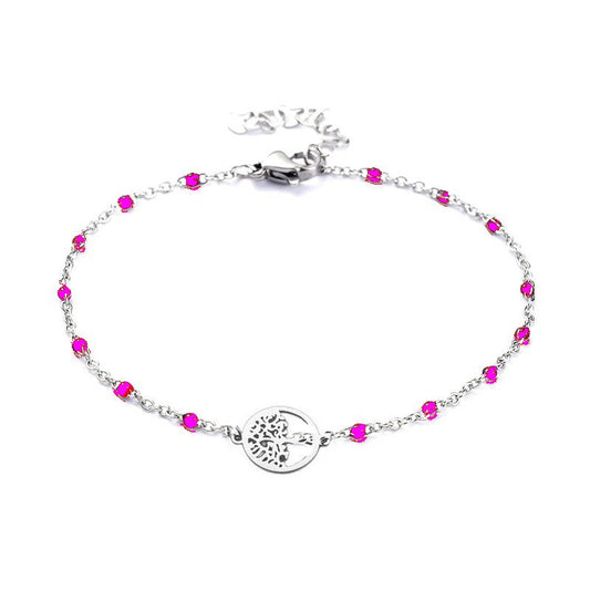 Bracelet acier inoxydable maille forçat fushia arbre de vie