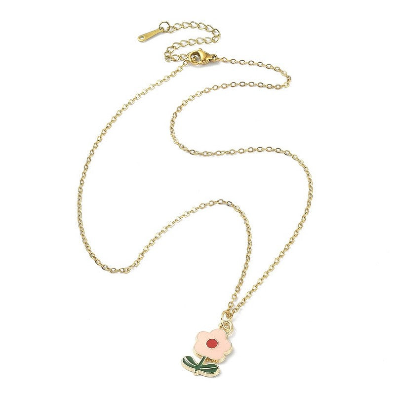 Chaîne collier acier inoxydable fleur rose
