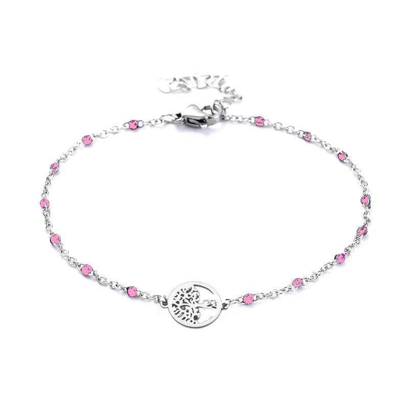Bracelet acier inoxydable maille forçat rose arbre de vie