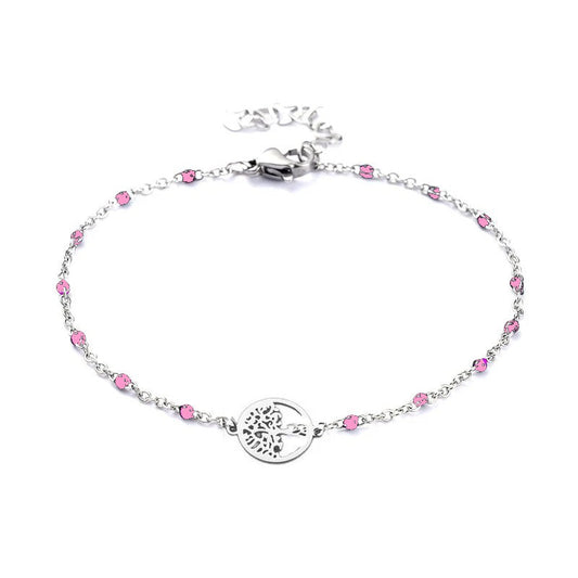 Bracelet acier inoxydable maille forçat rose arbre de vie
