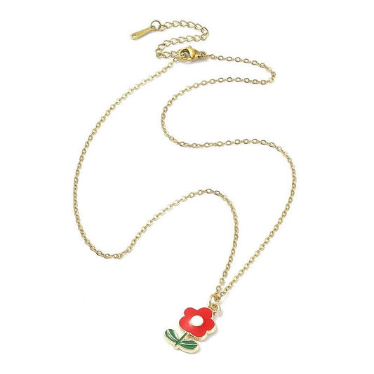 Chaîne collier acier inoxydable fleur rouge